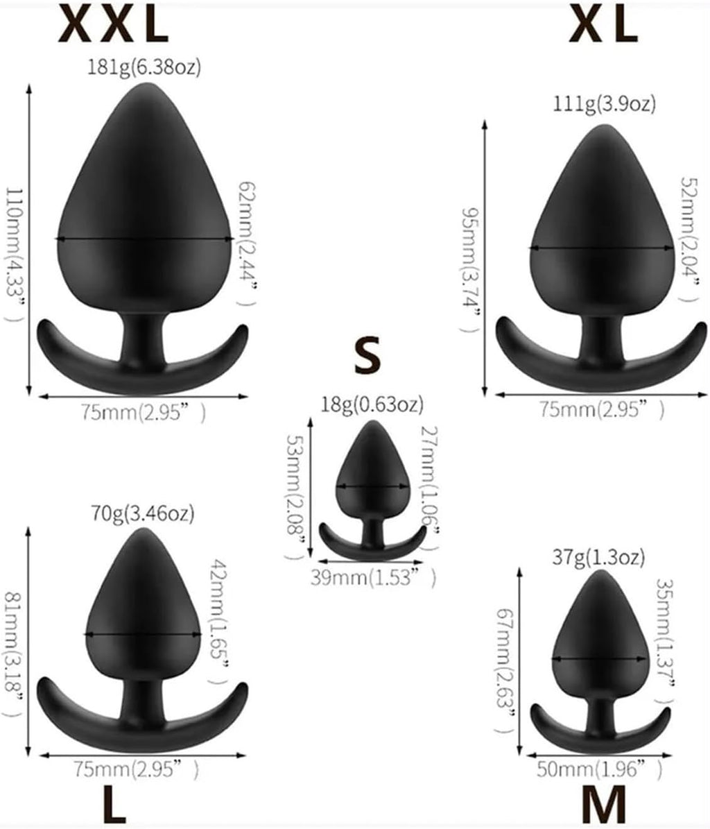 Black anal plug size guide from S to XXL with dimensions and weights – Cumequoi Lebanon