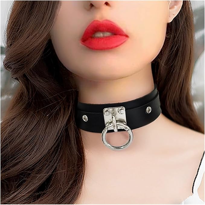 Black leather choker with metal ring worn on neck bold accessory BDSM style Lebanon