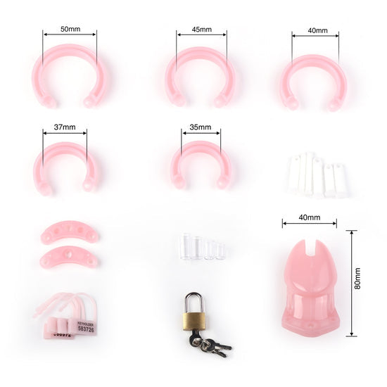 Chastity cage size guide showing different ring measurements and dimensions for accurate fit