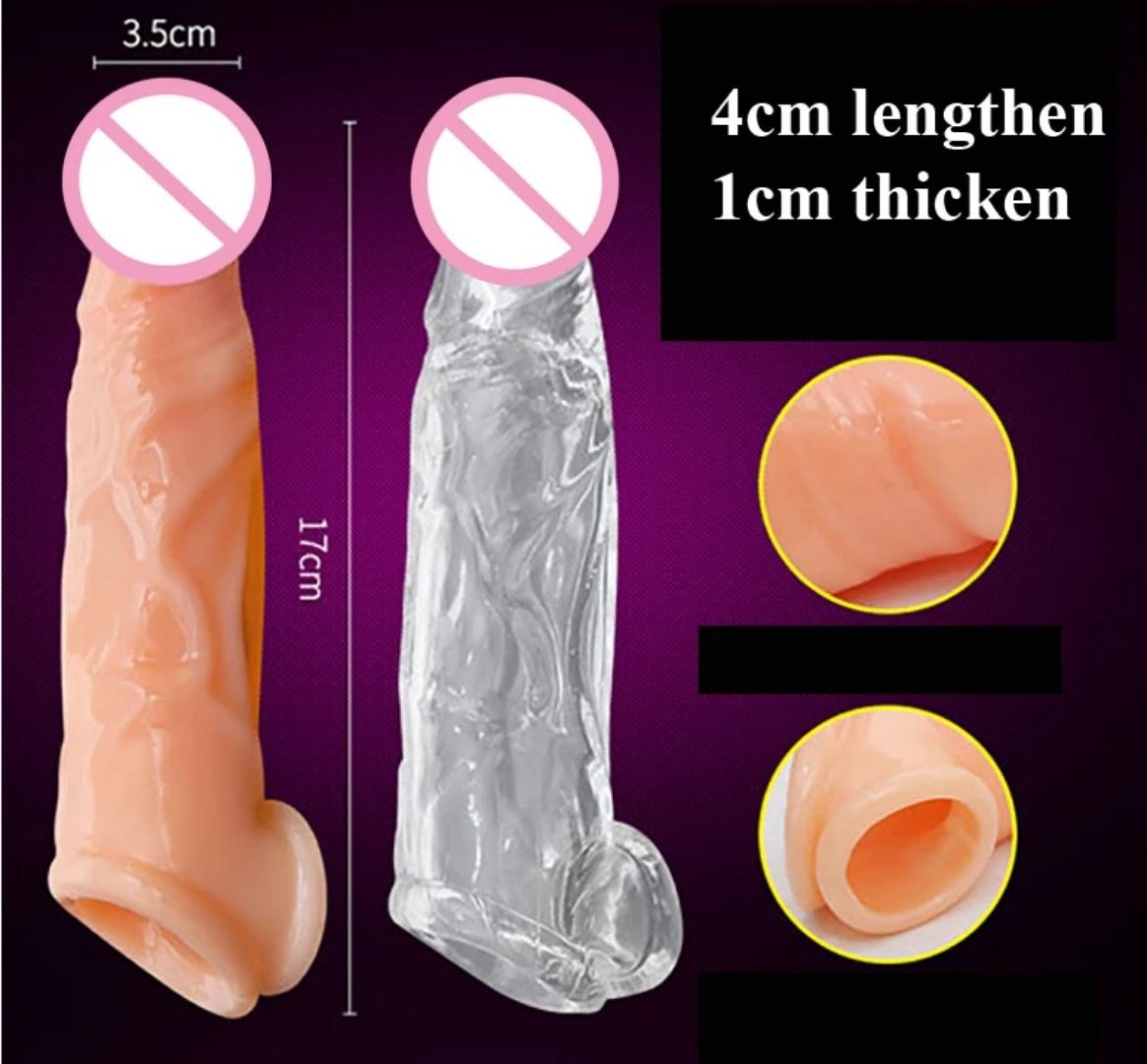 Penis sleeve extender size comparison showing length and thickness enhancement sex toys Lebanon