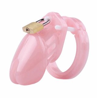 Close view of pink chastity cage with locking ring adult toy