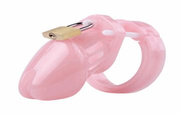 Pink male chastity device with lock ring discreet adult toy on white background