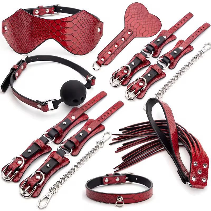 Red BDSM kit leather set with cuffs blindfold gag and whip accessories luxury set Lebanon