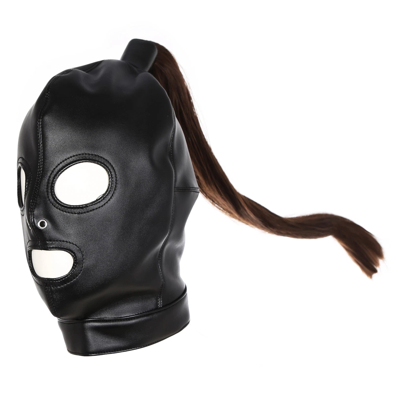 Premium Leather Bondage Mask Hood with Hair Ponytail: Head Restraint