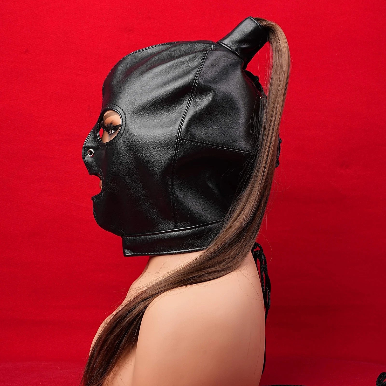 Premium Leather Bondage Mask Hood with Hair Ponytail: Head Restraint