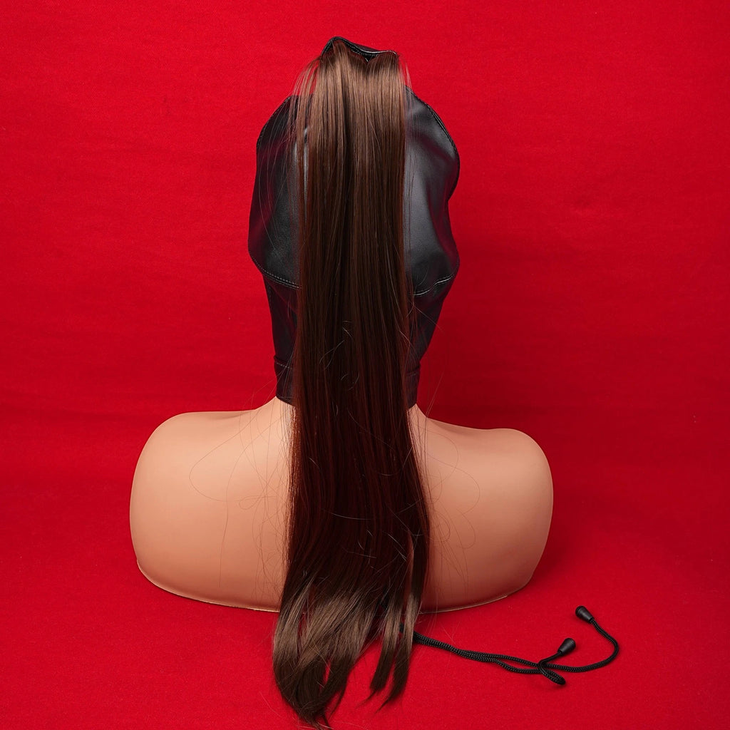 Premium Leather Bondage Mask Hood with Hair Ponytail: Head Restraint