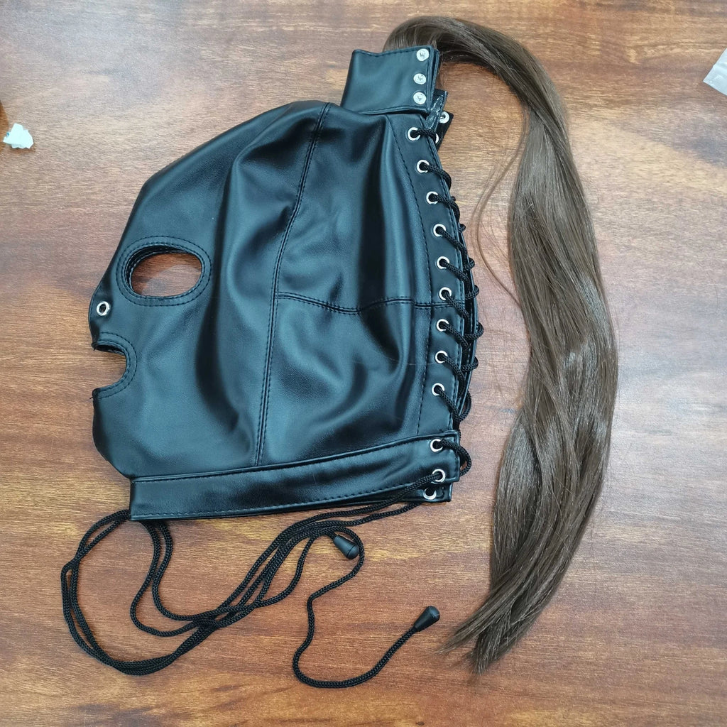 Premium Leather Bondage Mask Hood with Hair Ponytail: Head Restraint